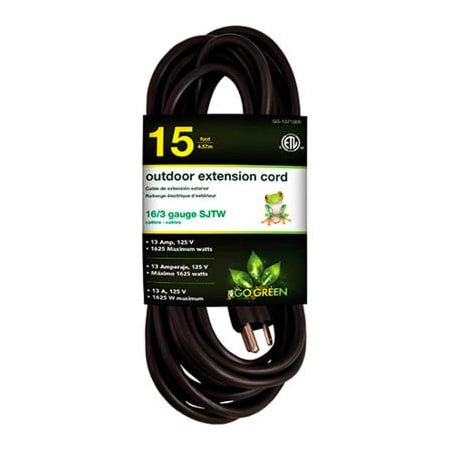 Gogreen SJTW Extension Cord, 16 AWG, Outdoor, 16/3, 1 Outlets, Black, 15 ft GG-13715BK